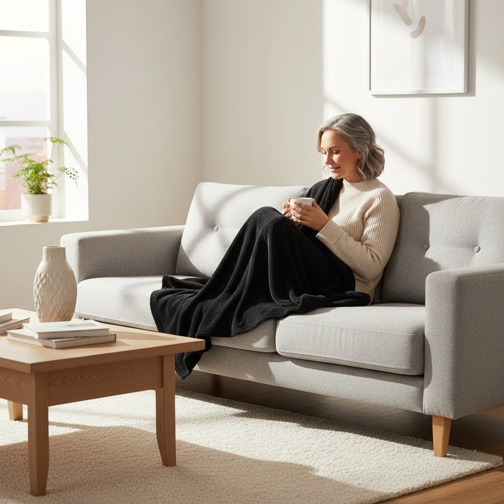 Woman Reading on Sofa with Blanket
